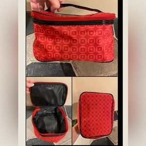 Y2K Lancôme Red Geometric Pattern Cosmetic Bag Black Patent Trim 6x7x4.5 Vintage